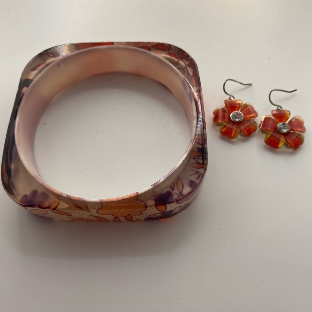 3pc Floral Resin Bangle 8”and Drop Earrings Set Square Orange Brown Fall Autumn